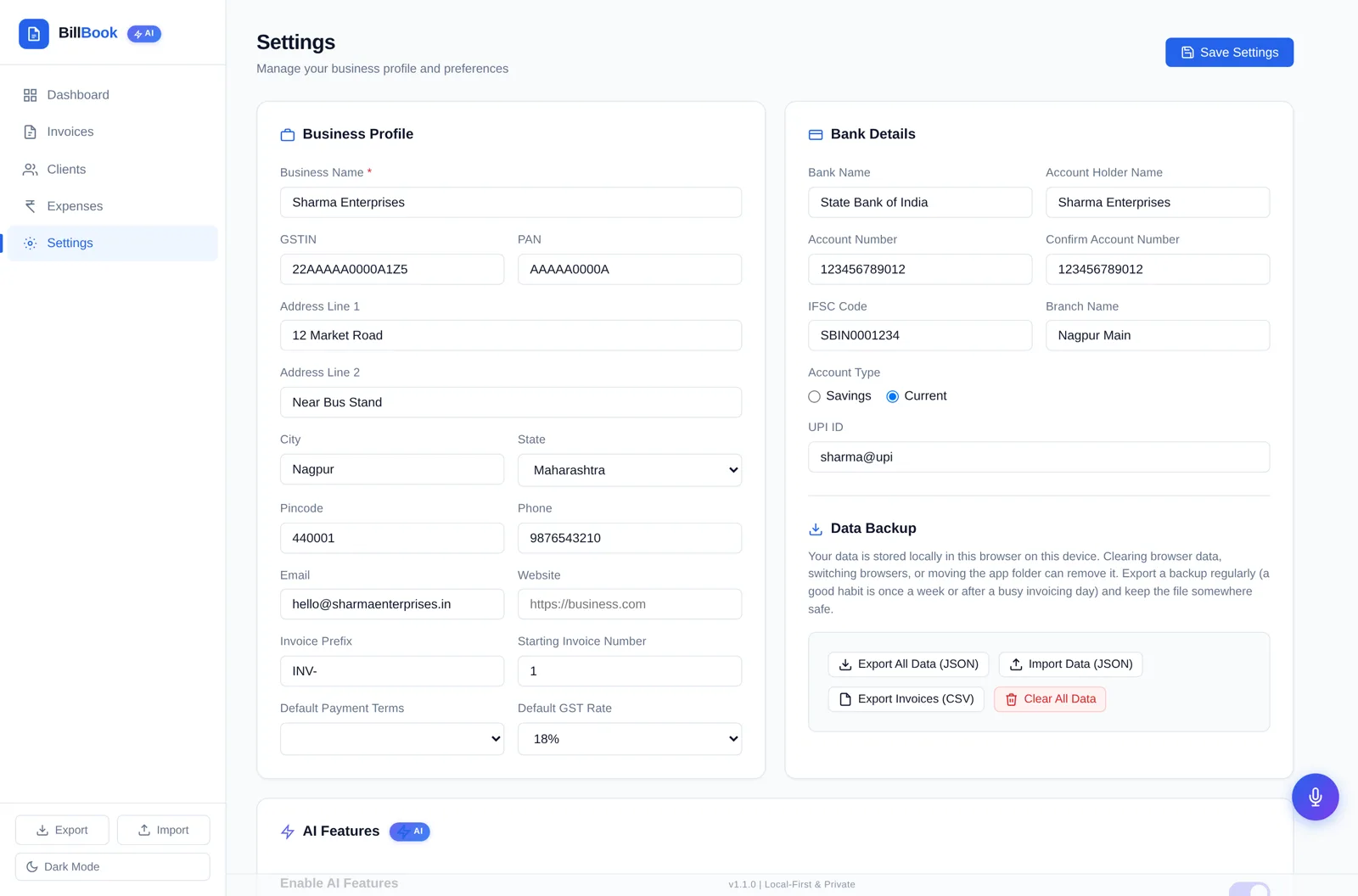 BillBook settings screen with business details, GSTIN, invoice numbering, default GST rate and bank and UPI payment fields