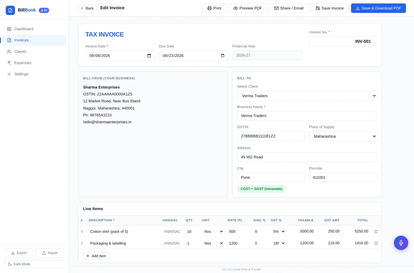 BillBook invoice editor with client details, line items, HSN codes and GST rates