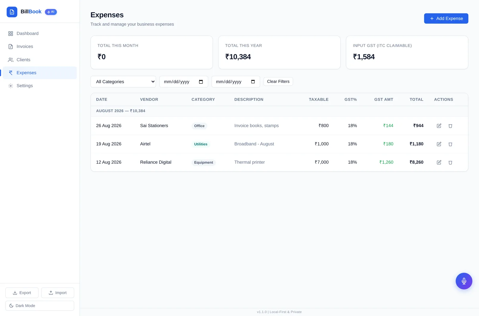 BillBook expense list with vendor, category, GST and taxable amounts