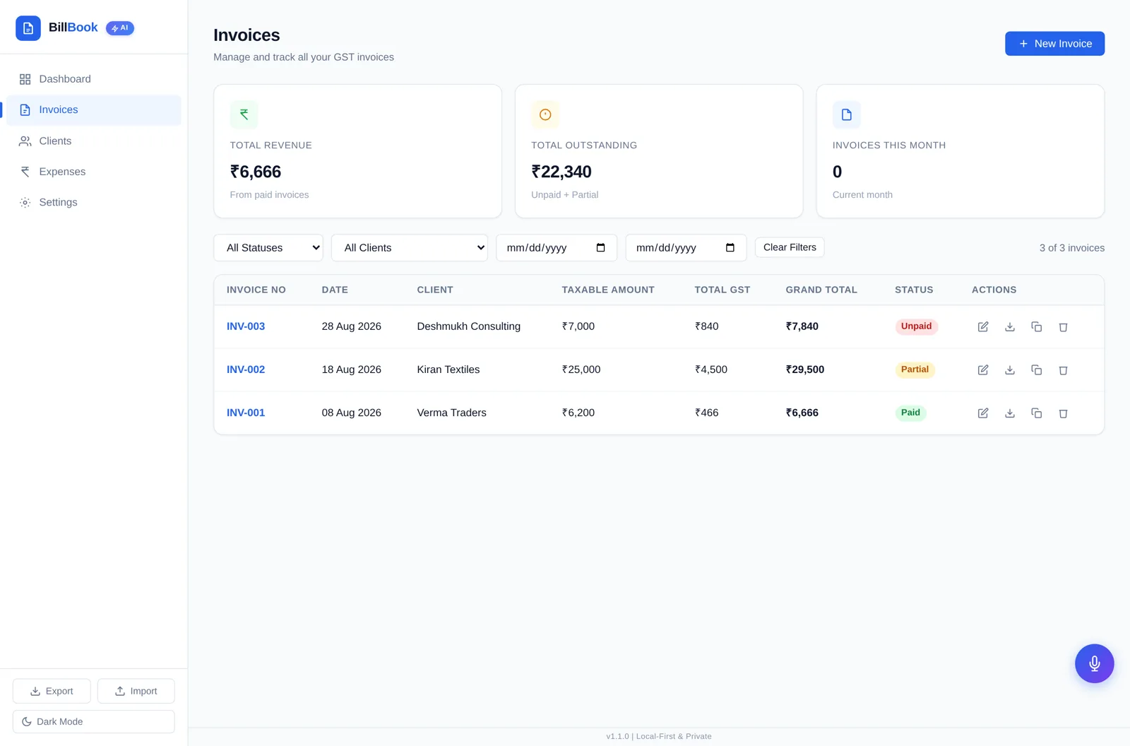BillBook invoice list with invoice numbers, clients, taxable amounts, GST, totals and payment statuses