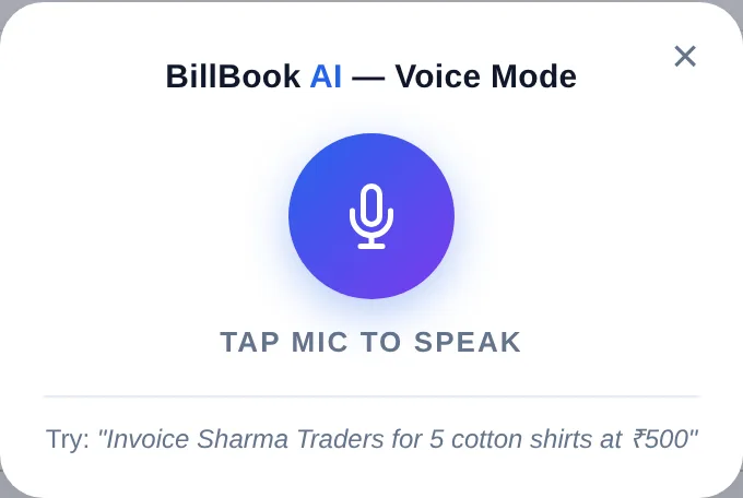 BillBook voice mode turning a spoken instruction into invoice fields